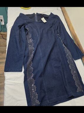 Ashley Stewart Plus Rhinestone Dark Indigo Denim-Look Dress with Scoop Neck